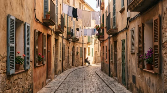 Ruelle médiévale du quartier Saint-Jacques à Perpignan baignée de lumière méditerranéenne matinale, sans touristes visibles, symbole d'une immersion loin des clichés