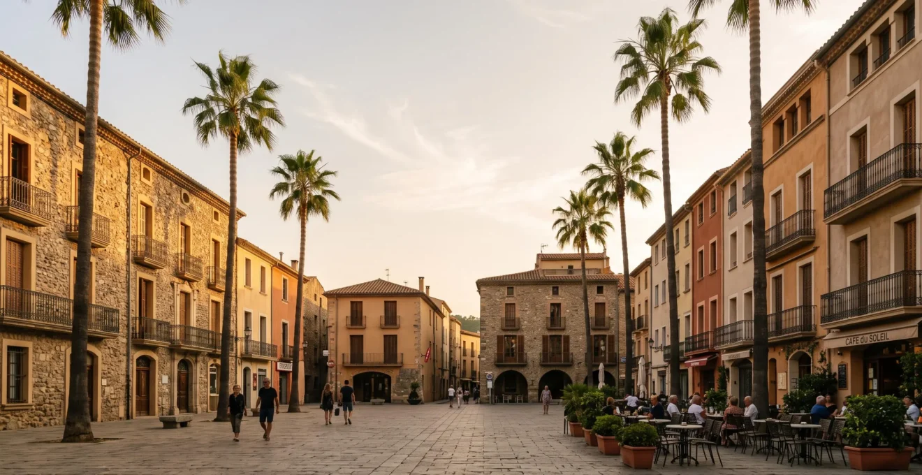 Vue majestueuse de la place de la Loge à Perpignan bordée de palmiers et de façades catalanes au coucher du soleil