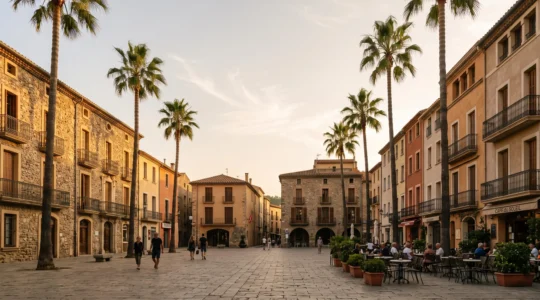 Vue majestueuse de la place de la Loge à Perpignan bordée de palmiers et de façades catalanes au coucher du soleil