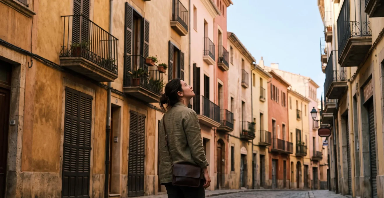 Silhouette d'un visiteur contemplant les façades ocre, rose et jaune d'une ruelle du centre historique de Perpignan