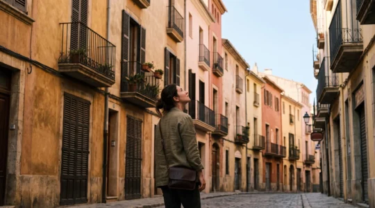 Silhouette d'un visiteur contemplant les façades ocre, rose et jaune d'une ruelle du centre historique de Perpignan
