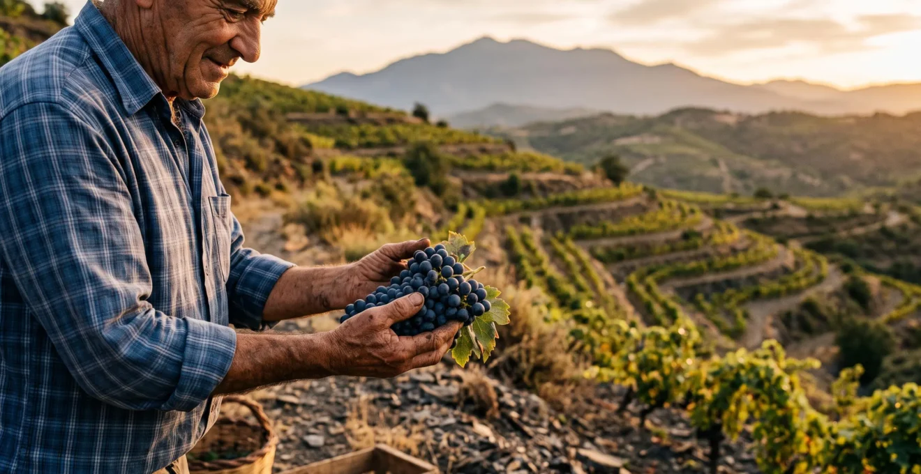 Mains d'un vigneron catalan tenant une grappe de raisin devant un vignoble en terrasses avec le Canigou en arrière-plan