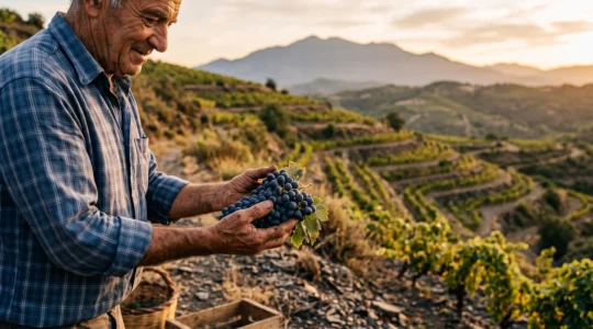 Mains d'un vigneron catalan tenant une grappe de raisin devant un vignoble en terrasses avec le Canigou en arrière-plan