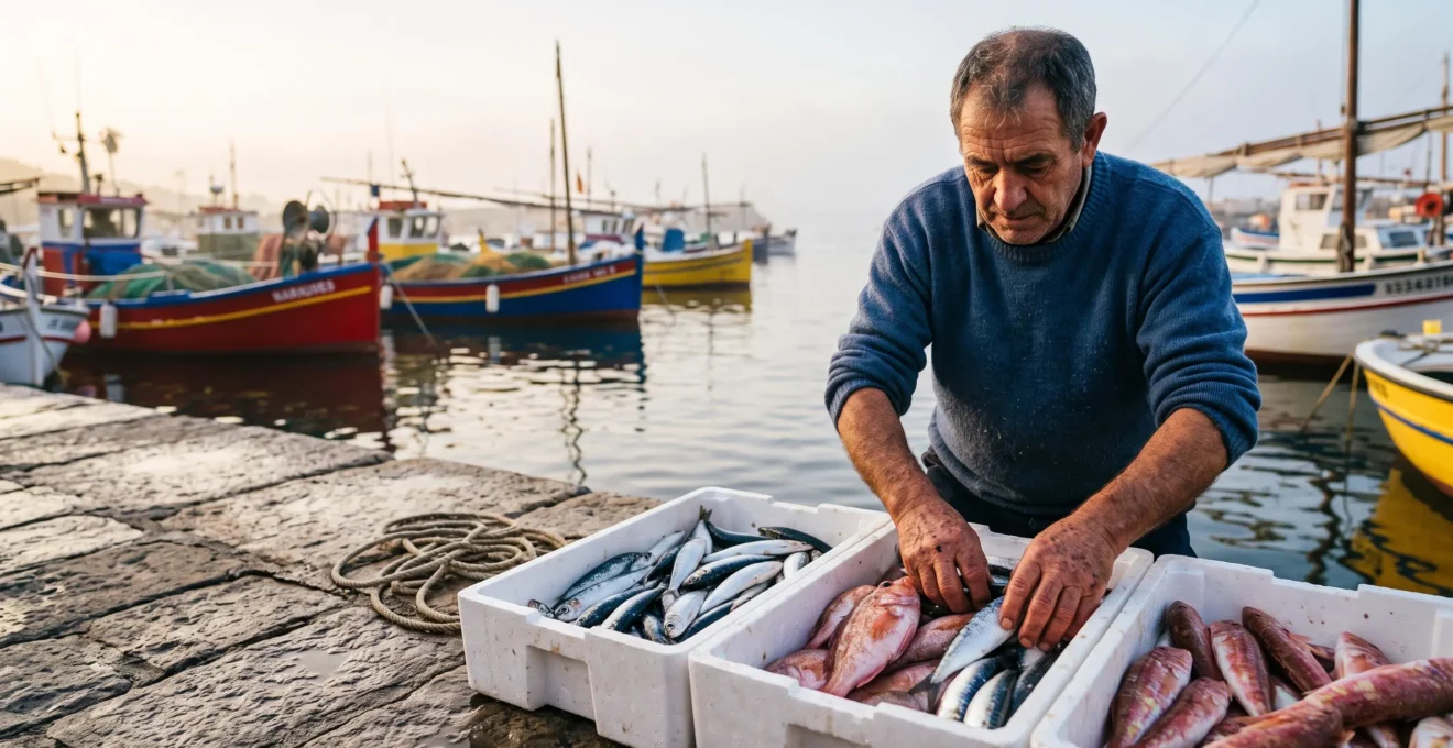 Etal de poisson fraichement peche sur un quai catalan de la Cote Vermeille au petit matin