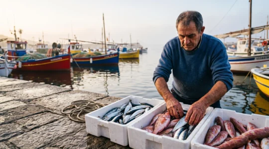 Etal de poisson fraichement peche sur un quai catalan de la Cote Vermeille au petit matin