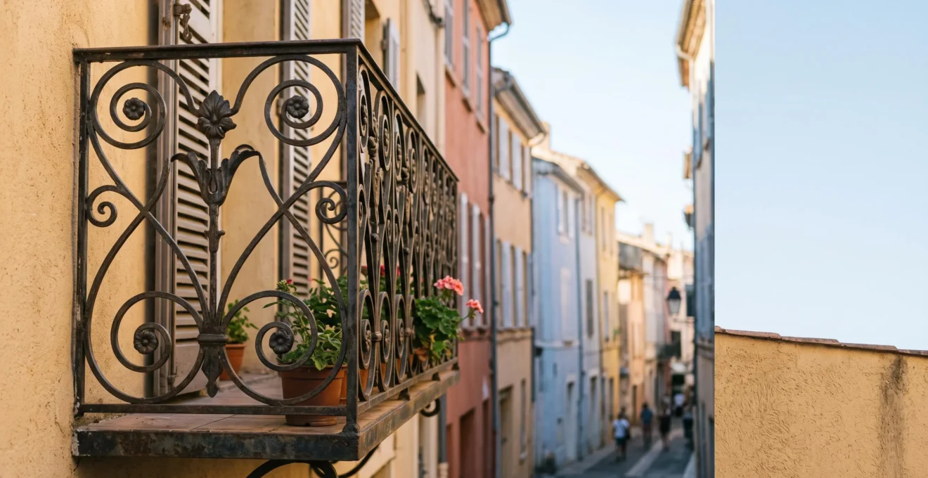 Grille de balcon en fer forgé finement ouvragée sur une façade ocre du centre historique de Perpignan