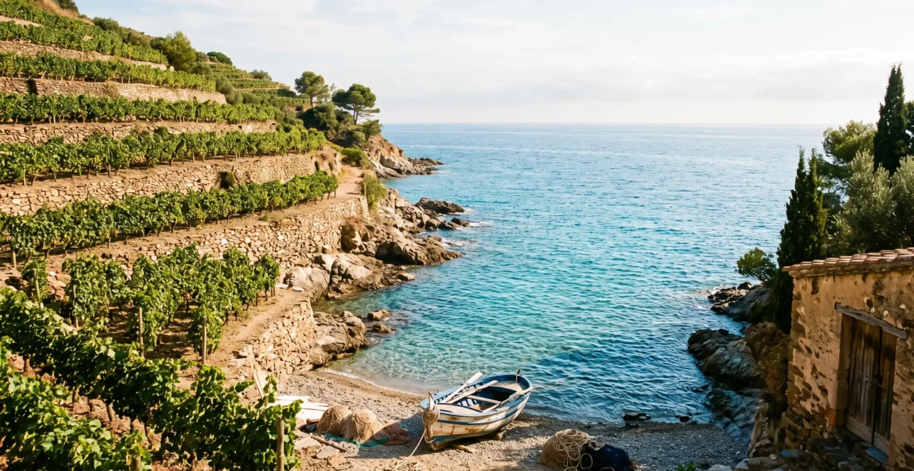 Vue panoramique de Banyuls-sur-Mer avec plage, port catalan et vignobles en terrasses de schiste plongeant vers la Méditerranée