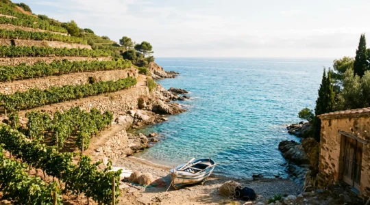 Vue panoramique de Banyuls-sur-Mer avec plage, port catalan et vignobles en terrasses de schiste plongeant vers la Méditerranée