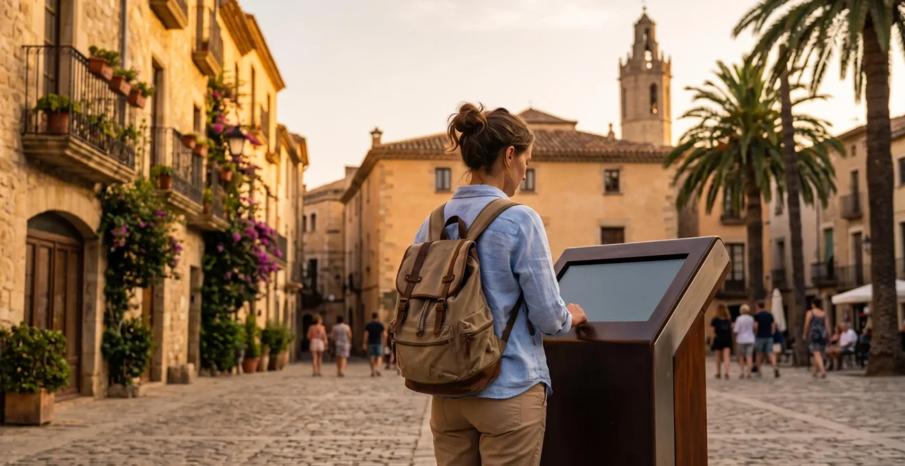 Voyageur consultant une borne interactive dans une place historique ensoleillee de Perpignan pour planifier son itineraire