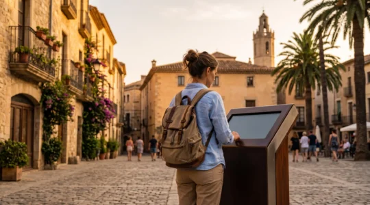 Voyageur consultant une borne interactive dans une place historique ensoleillee de Perpignan pour planifier son itineraire