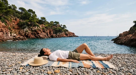 Vacancier allonge sur une serviette epaisse au bord d'une crique de galets turquoise de la Cote Vermeille, pres de Perpignan