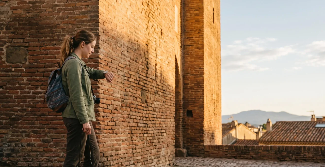 Visiteur consultant sa montre au pied de la tour du Castillet à Perpignan avant de gravir les marches pour une visite express