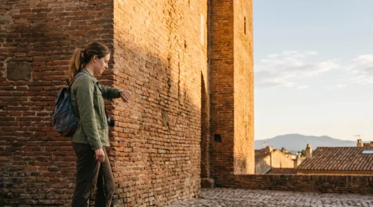 Visiteur consultant sa montre au pied de la tour du Castillet à Perpignan avant de gravir les marches pour une visite express