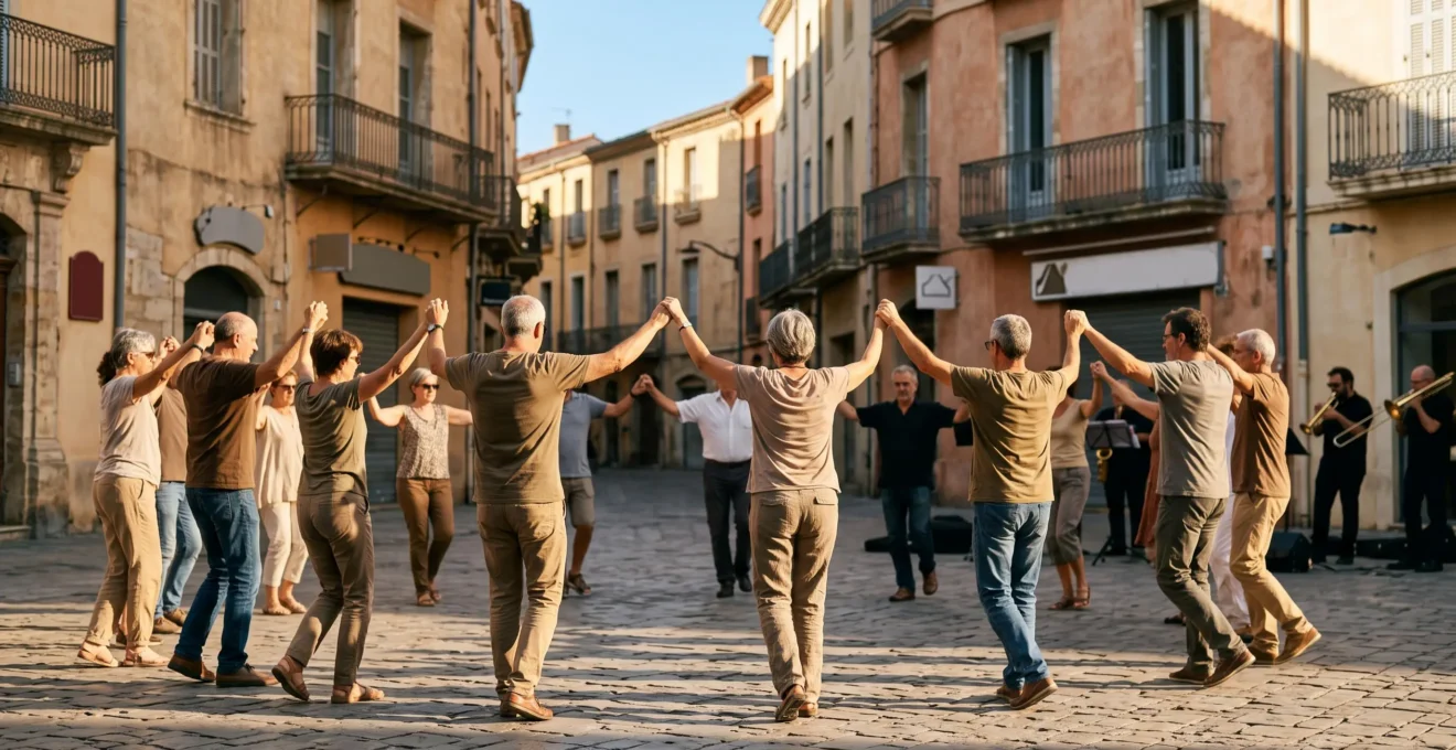 Cercle de danseurs de sardane sur une place ensoleillee de Perpignan avec des musiciens de cobla en arriere-plan
