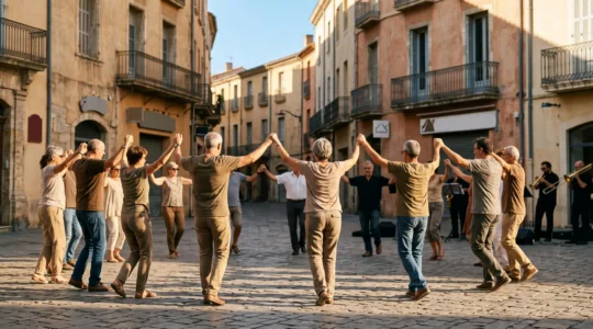 Cercle de danseurs de sardane sur une place ensoleillee de Perpignan avec des musiciens de cobla en arriere-plan