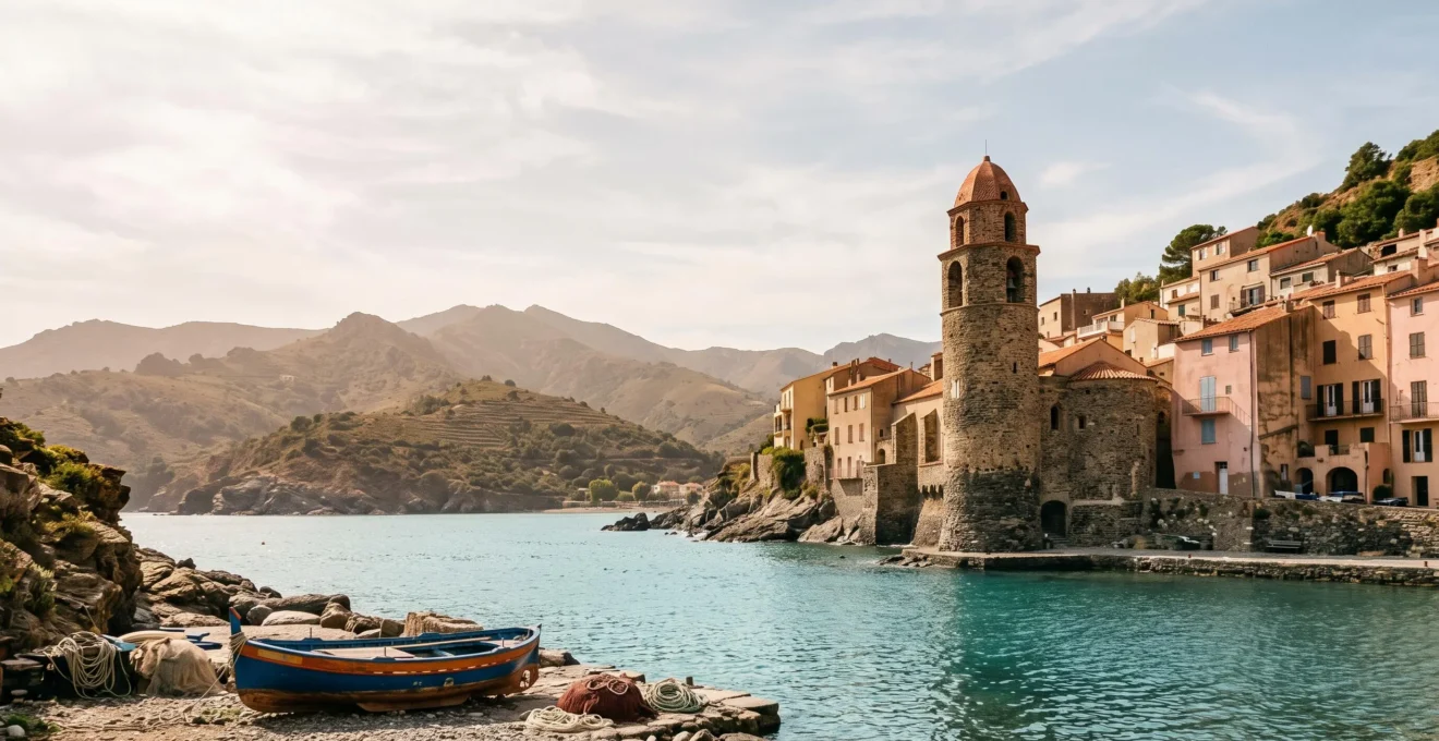 Vue sur le port de Collioure avec le clocher face à la mer et une barque catalane, dans une lumière naturelle du soir