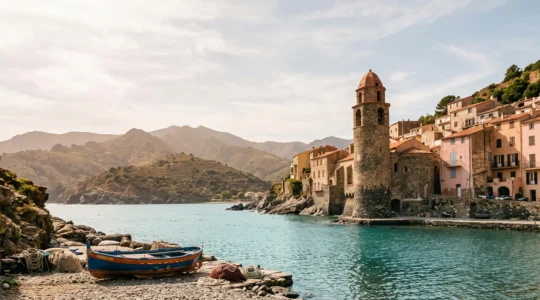 Vue sur le port de Collioure avec le clocher face à la mer et une barque catalane, dans une lumière naturelle du soir