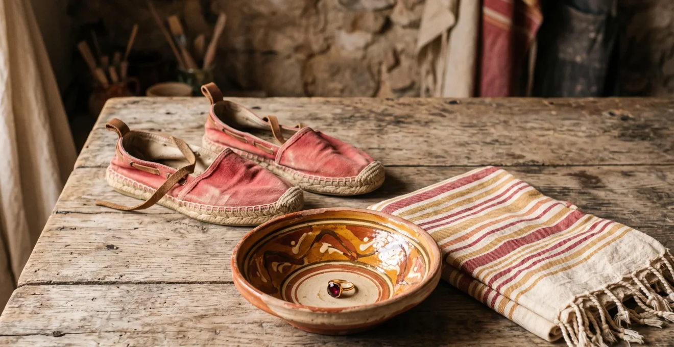 Composition symbolique d'objets artisanaux catalans authentiques évoquant le tourisme responsable à Perpignan