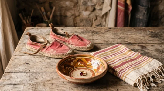 Composition symbolique d'objets artisanaux catalans authentiques évoquant le tourisme responsable à Perpignan