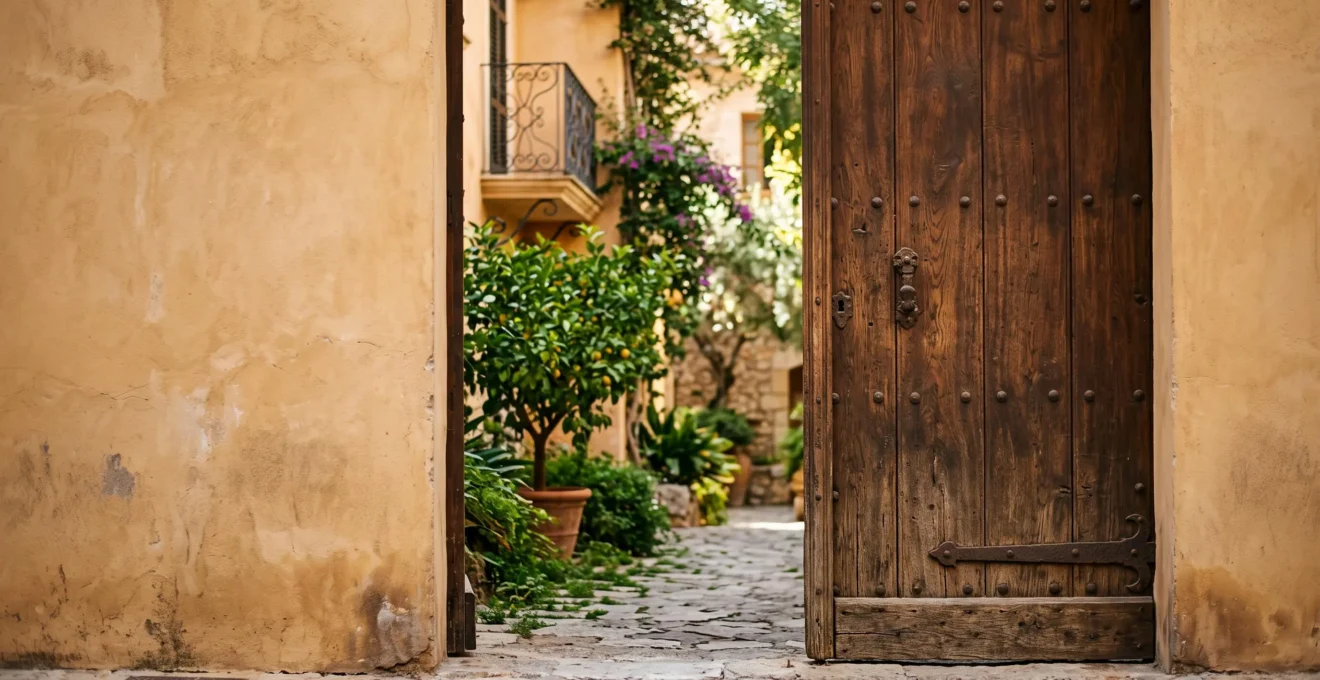 Porte cochère entrouverte laissant entrevoir une cour intérieure fleurie d'un hôtel particulier perpignanais