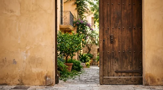 Porte cochère entrouverte laissant entrevoir une cour intérieure fleurie d'un hôtel particulier perpignanais
