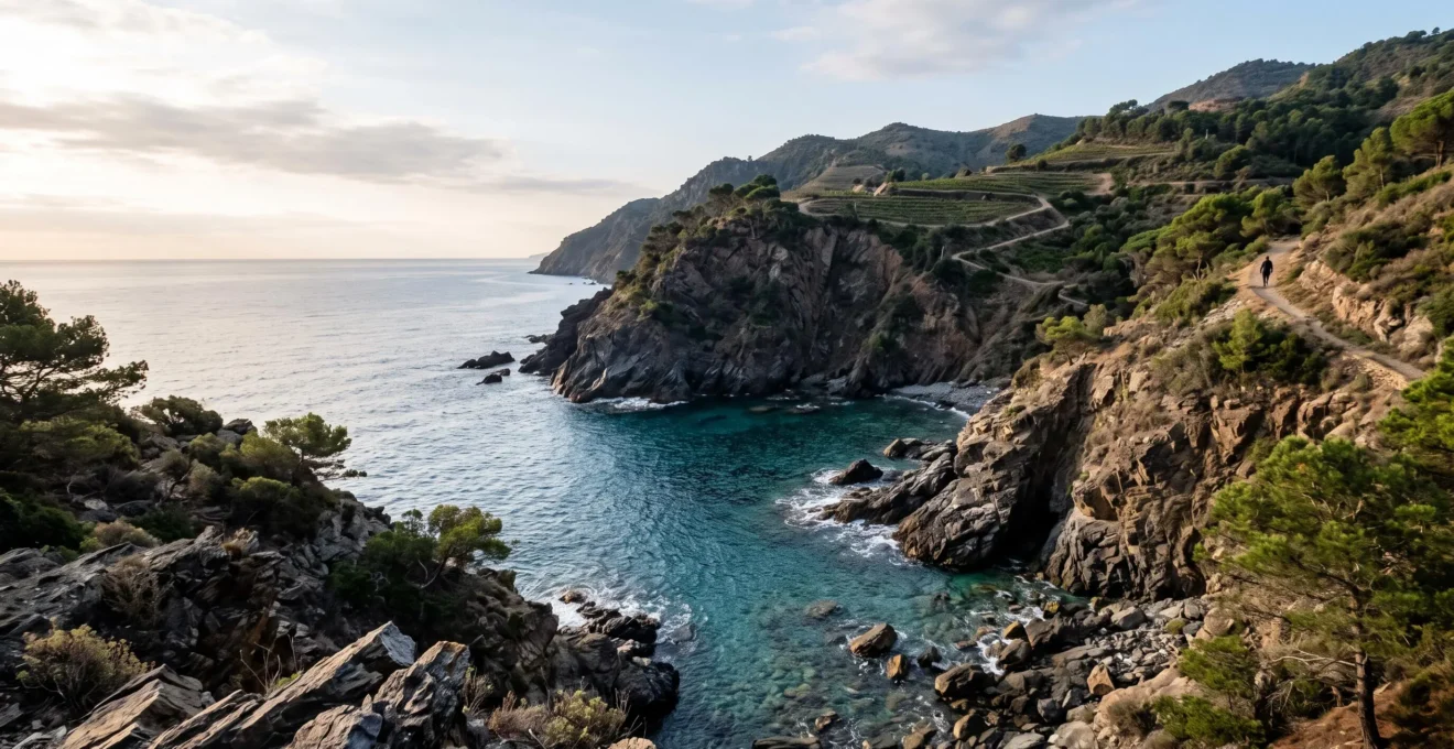 Crique sauvage isolée de la Côte Vermeille avec eau turquoise, falaises de schiste et vignes en terrasses en arrière-plan