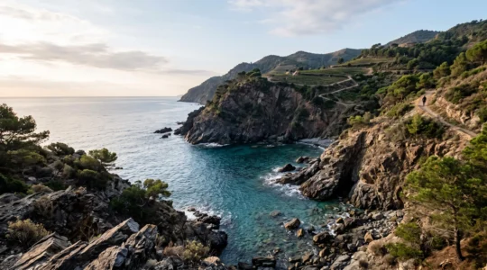Crique sauvage isolée de la Côte Vermeille avec eau turquoise, falaises de schiste et vignes en terrasses en arrière-plan