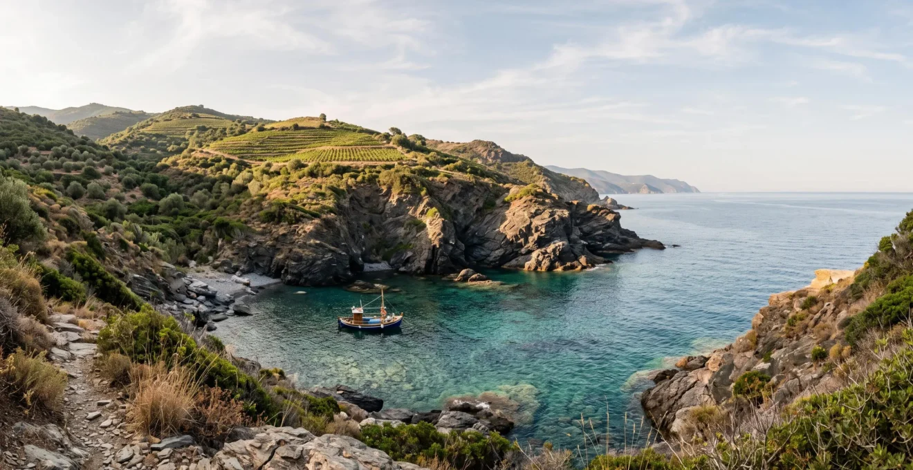 Vue large d'une crique aux eaux turquoise bordée de falaises de schiste sombre sur la Côte Vermeille près de Perpignan