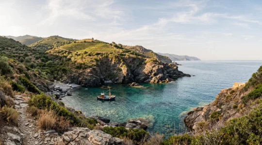 Vue large d'une crique aux eaux turquoise bordée de falaises de schiste sombre sur la Côte Vermeille près de Perpignan