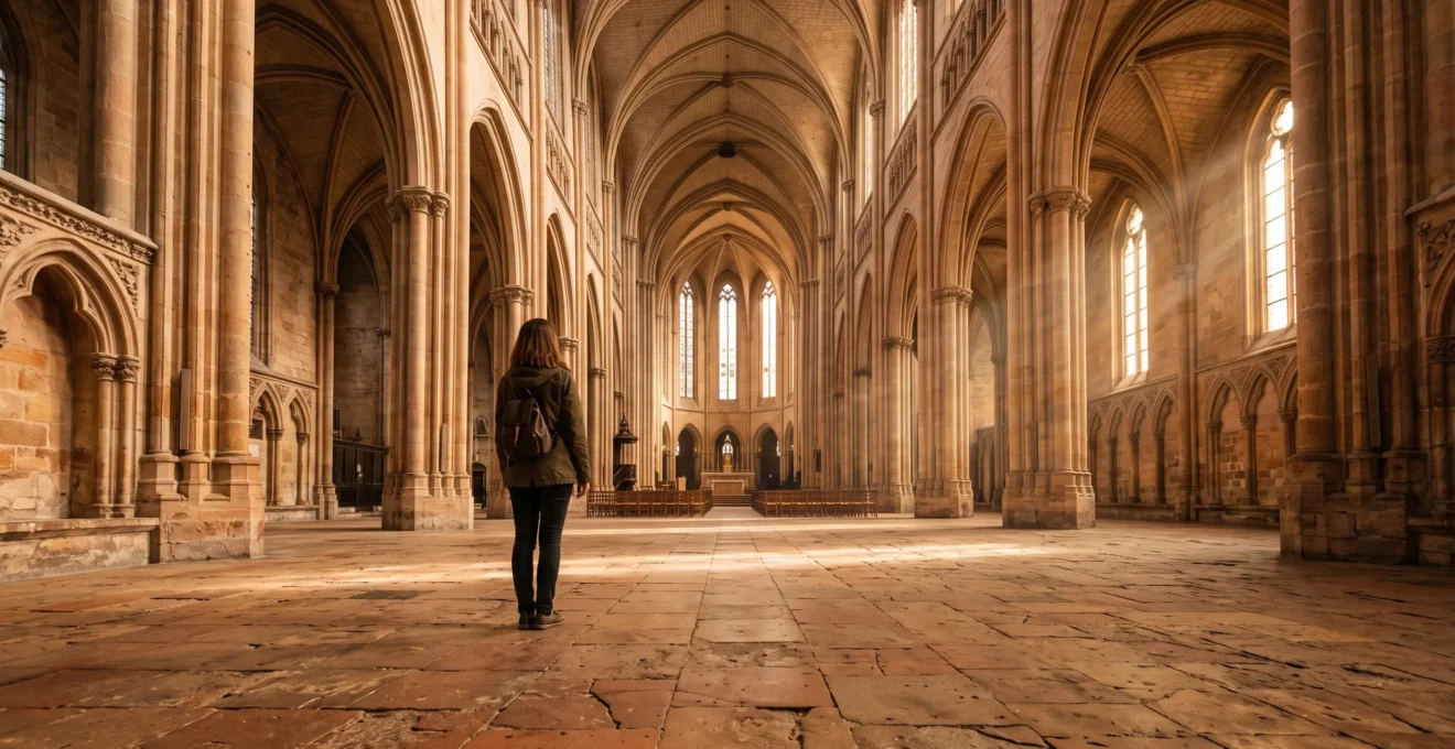 Visiteur contemplant en silence la vaste nef gothique catalane baignee de lumiere doree, sans reperes religieux explicites