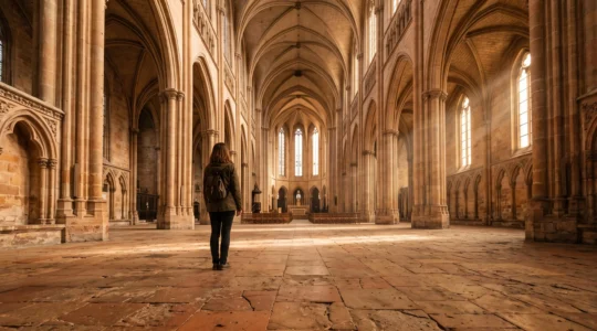 Visiteur contemplant en silence la vaste nef gothique catalane baignee de lumiere doree, sans reperes religieux explicites