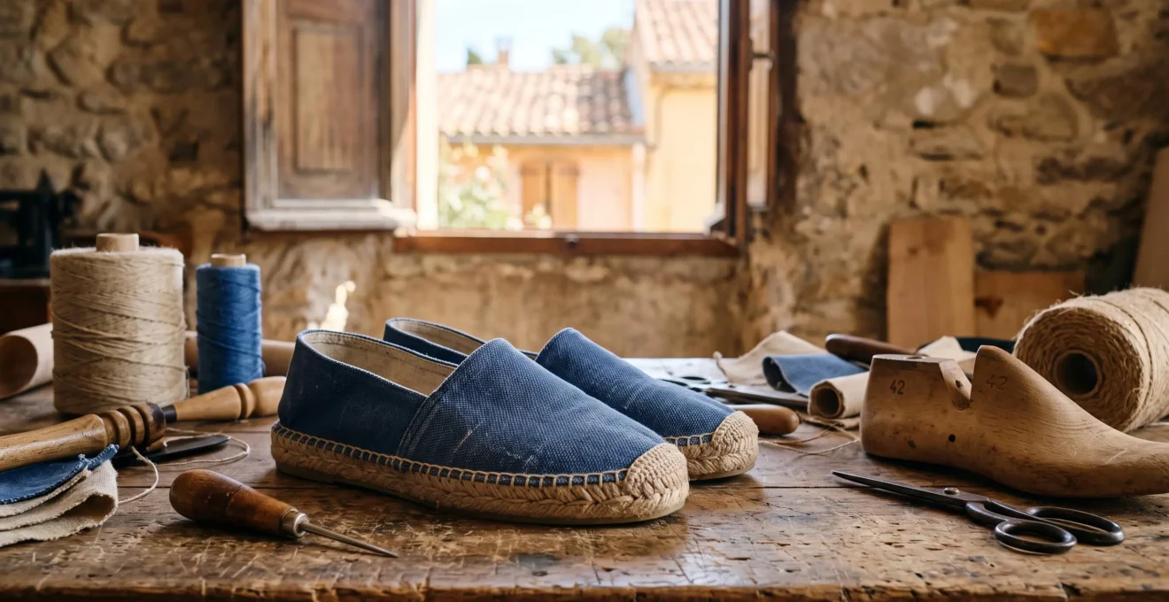 Paire d'espadrilles artisanales catalanes posée sur une table en bois dans un atelier baigné de lumière naturelle à Perpignan
