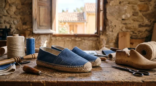Paire d'espadrilles artisanales catalanes posée sur une table en bois dans un atelier baigné de lumière naturelle à Perpignan