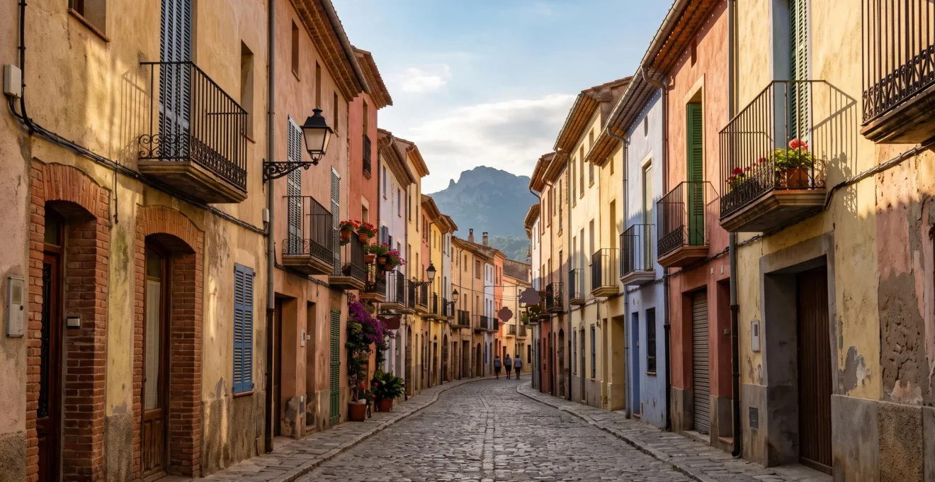 Vue éditoriale d'une ruelle du centre historique de Perpignan bordée de façades ocre, rose et jaune sous une lumière rasante