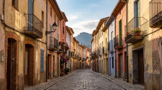 Vue éditoriale d'une ruelle du centre historique de Perpignan bordée de façades ocre, rose et jaune sous une lumière rasante