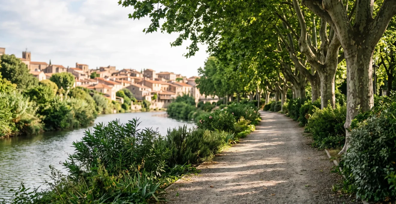 Allée ombragée et verdoyante le long d'un cours d'eau à Perpignan, refuge de fraîcheur en période de canicule