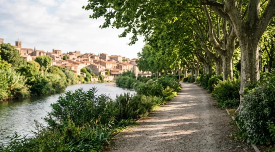 Allée ombragée et verdoyante le long d'un cours d'eau à Perpignan, refuge de fraîcheur en période de canicule