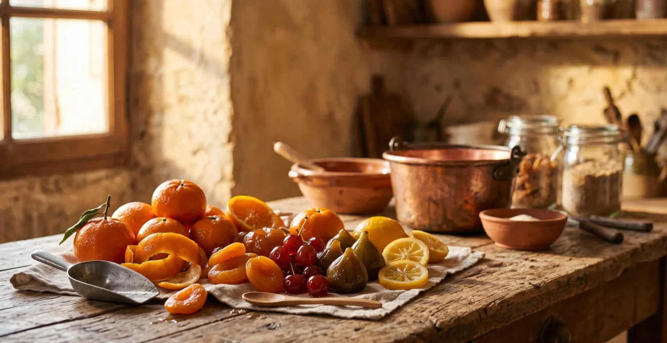 Composition artisanale de fruits confits catalans multicolores disposes sur une table en bois ancienne a Perpignan