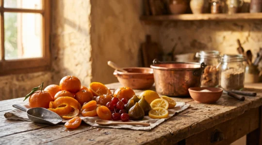 Composition artisanale de fruits confits catalans multicolores disposes sur une table en bois ancienne a Perpignan