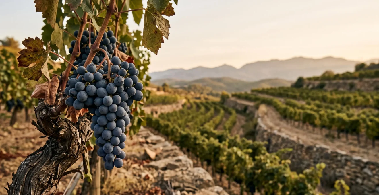 Grappe de raisin grenache noir mûr baignée de lumière dorée, avec en arrière-plan les contreforts des Pyrénées surplombant la plaine viticole de Perpignan