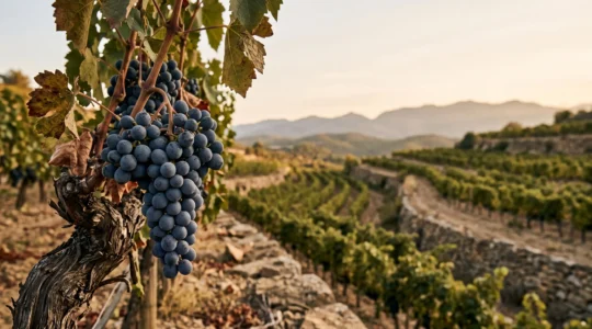 Grappe de raisin grenache noir mûr baignée de lumière dorée, avec en arrière-plan les contreforts des Pyrénées surplombant la plaine viticole de Perpignan