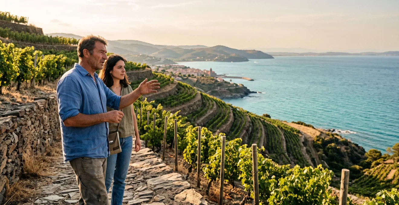 Un vigneron catalan guide un visiteur a travers des vignes en terrasses surplombant la Mediterranee pres de Perpignan