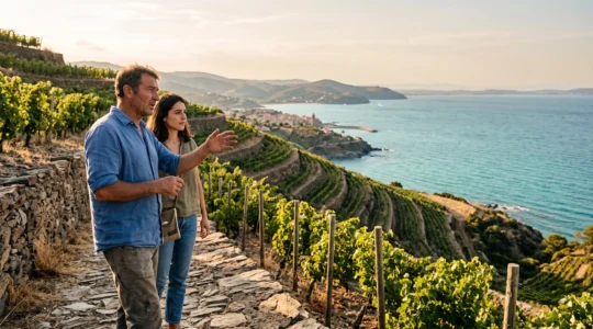 Un vigneron catalan guide un visiteur a travers des vignes en terrasses surplombant la Mediterranee pres de Perpignan