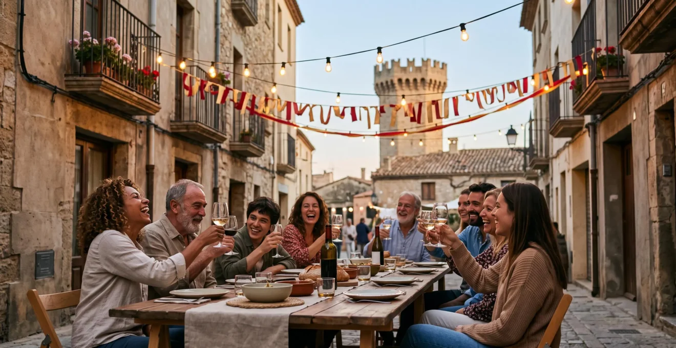 Visiteur et habitants partageant un apéro convivial lors d'une fête de quartier à Perpignan, silhouette du Castillet en arrière-plan au crépuscule