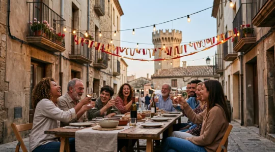 Visiteur et habitants partageant un apéro convivial lors d'une fête de quartier à Perpignan, silhouette du Castillet en arrière-plan au crépuscule