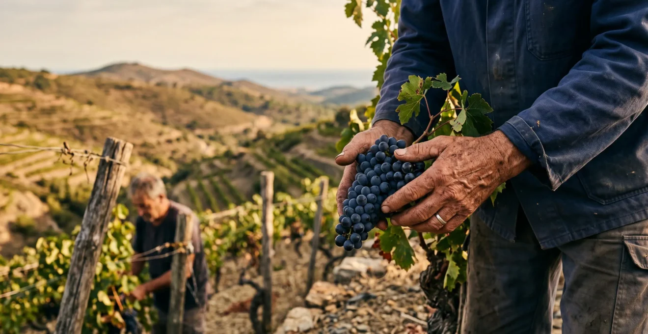 Portrait symbolique d'un vigneron du Roussillon dont les mains tenant une grappe de raisin racontent l'identité des vins perpignanais