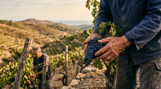 Portrait symbolique d'un vigneron du Roussillon dont les mains tenant une grappe de raisin racontent l'identité des vins perpignanais