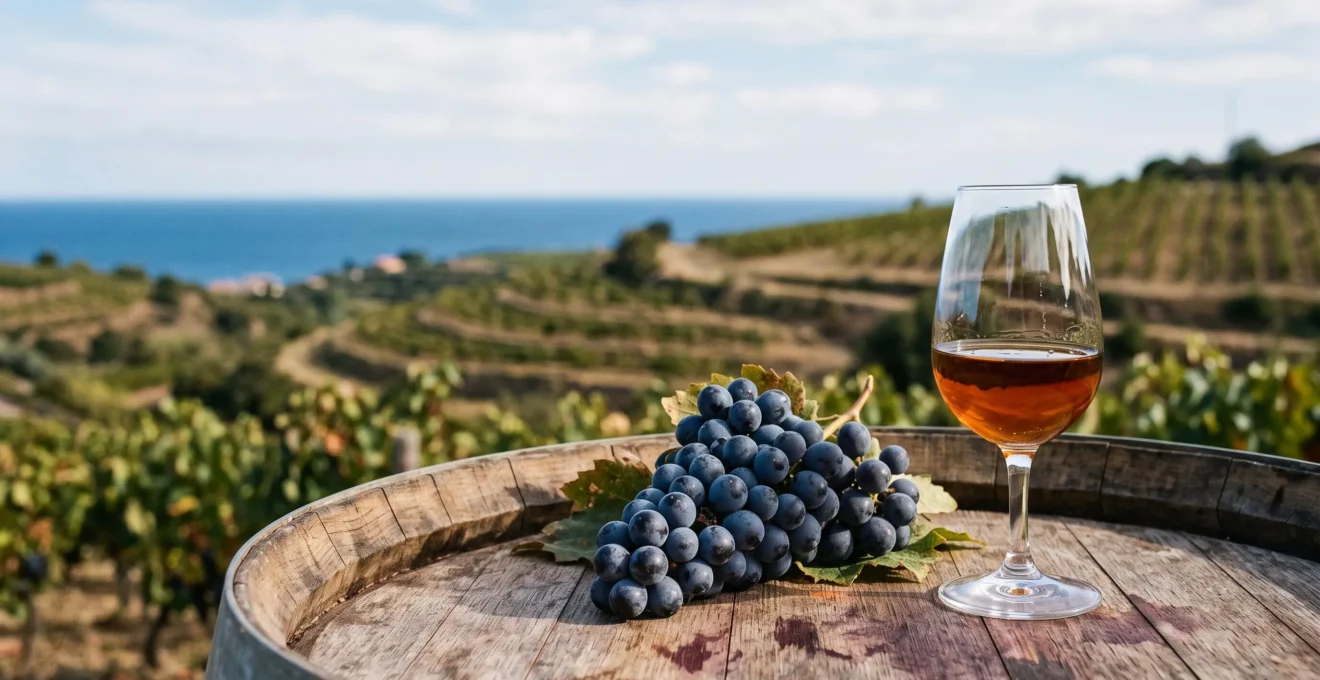 Verre de vin doux naturel ambre et grappe de raisin mur symbolisant la transformation par le mutage en Roussillon