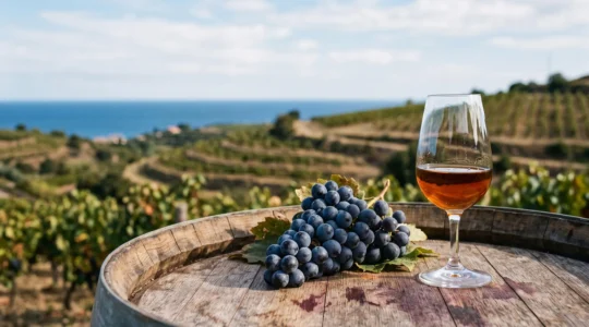 Verre de vin doux naturel ambre et grappe de raisin mur symbolisant la transformation par le mutage en Roussillon