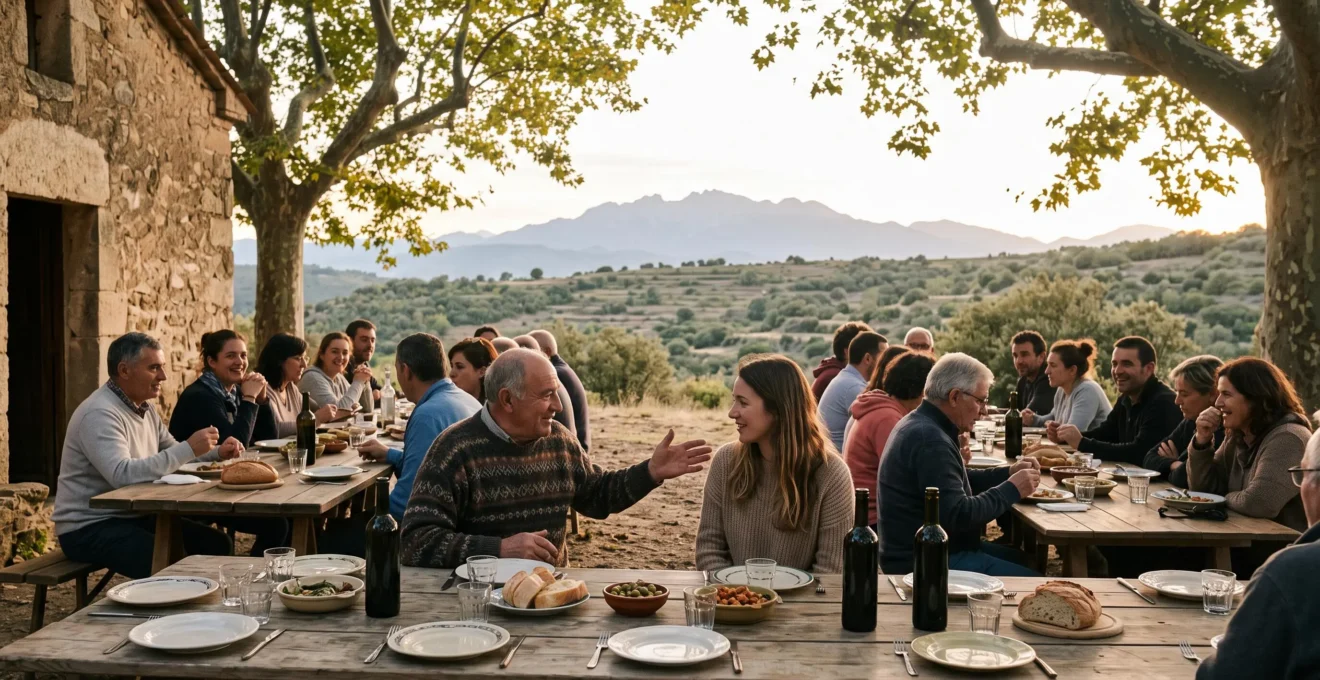 Un groupe de convives partage un repas champêtre sous les arbres près d'un ermitage catalan, avec le Canigou en arrière-plan
